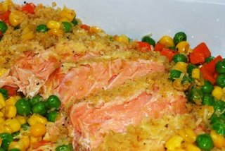 baked salmon with buttered vegetables